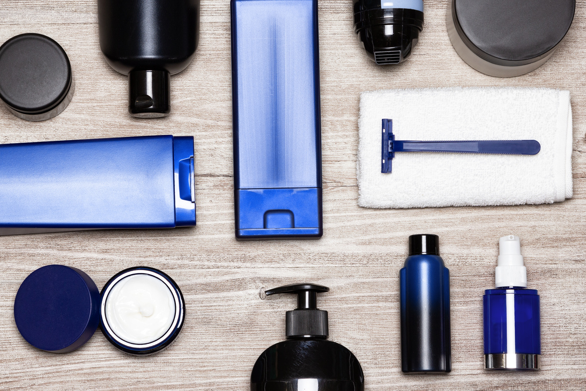 Men cosmetics must-haves - male grooming products flat lay